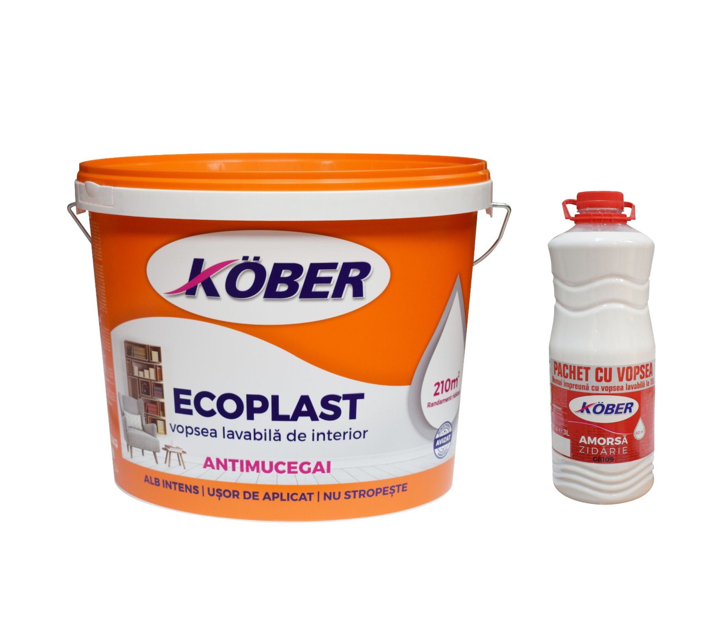 Vopsea lavabila interior, Ecoplast, antimucegai, alba, 15 L + Kober 3 L - Damira Constructii